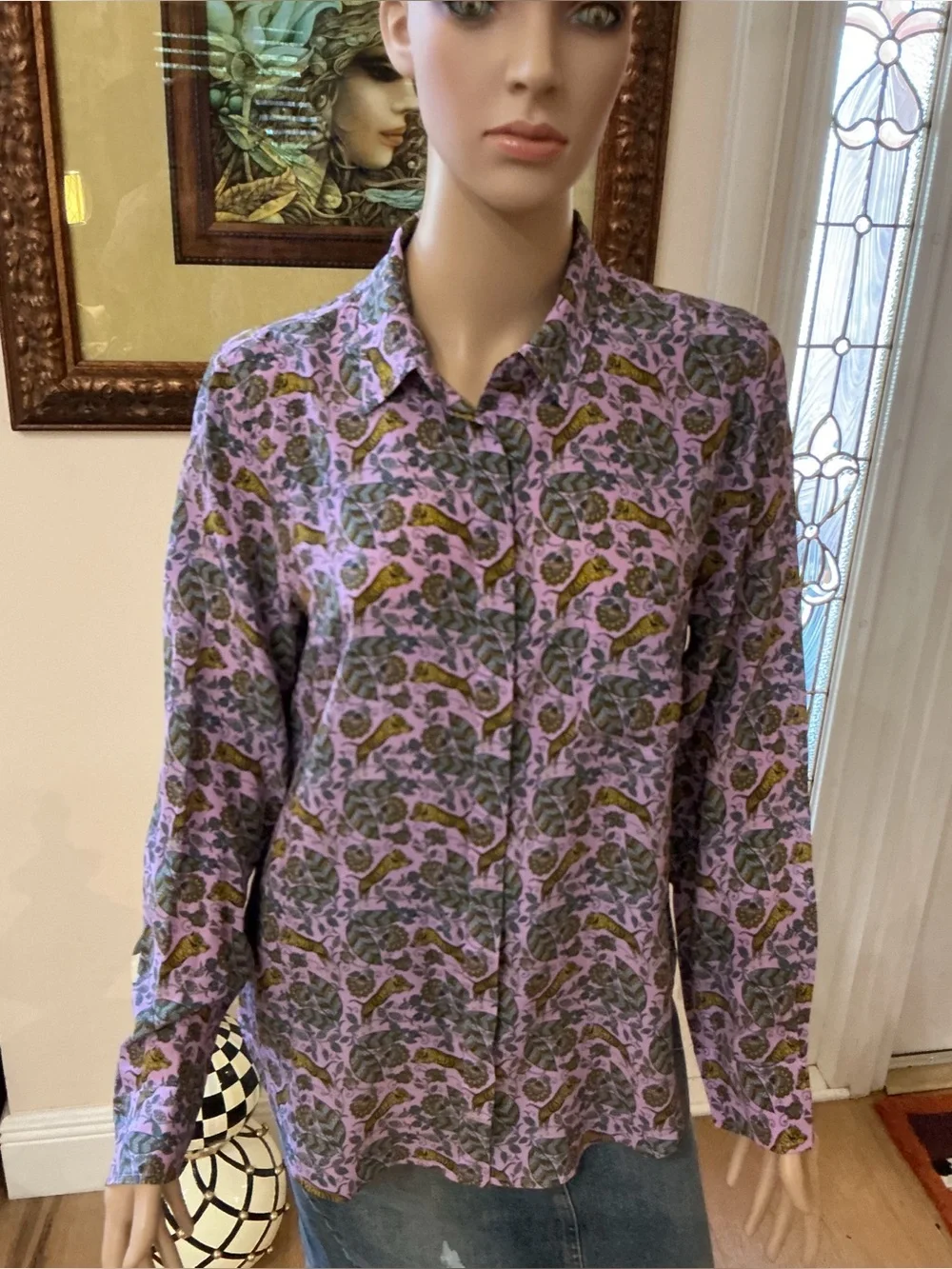 J. Crew Lavender Floral & Tiger Silk Button-Up Blouse